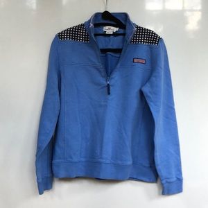 Two tone blue shep shirt with white polka dots
